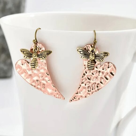 Boho Layered Heart and Bee Earrings - Multicolor Metal Hammered Copper #1110 - Picture 4 of 7